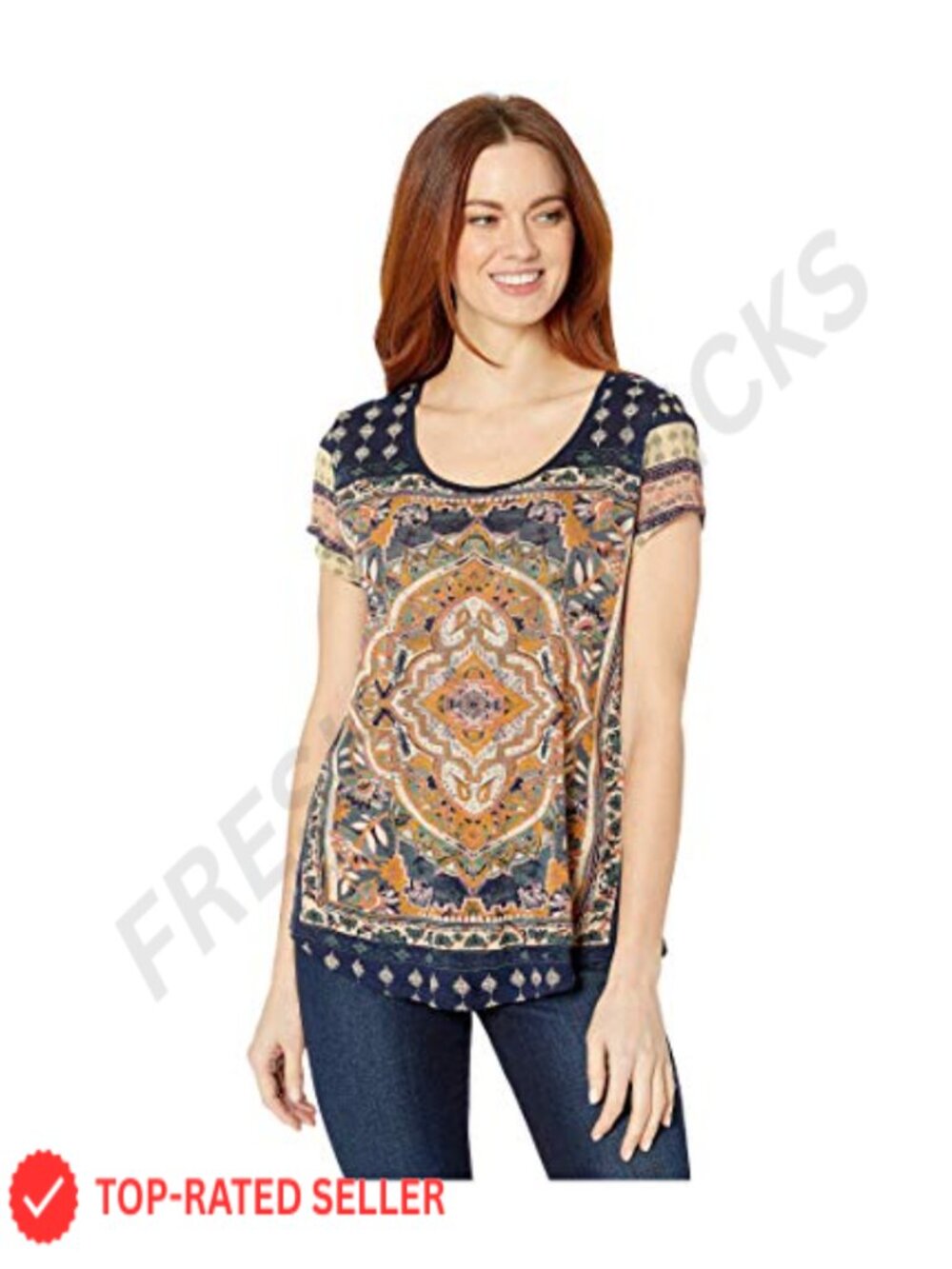 Lucky Brand Persian Carpet Print Scoop Neck Short Sleeve Tee